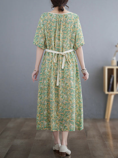 Loose Short Sleeves Hollow Pleated Printed Split-joint Round-neck Midi Dresses