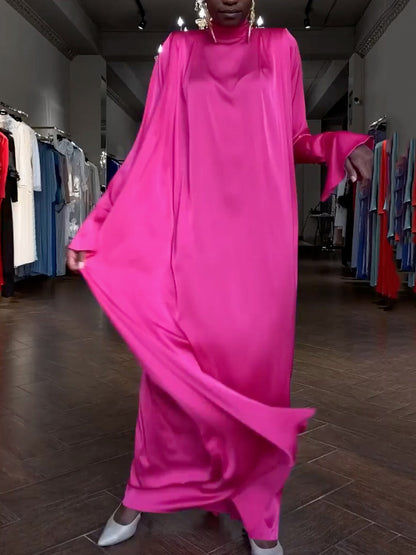 Flared Sleeves Long Sleeves Color High-neck Maxi Dresses