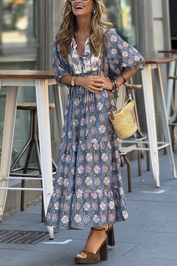 Unique Print Puff Sleeve Lace-up Loose Holiday Maxi Dress