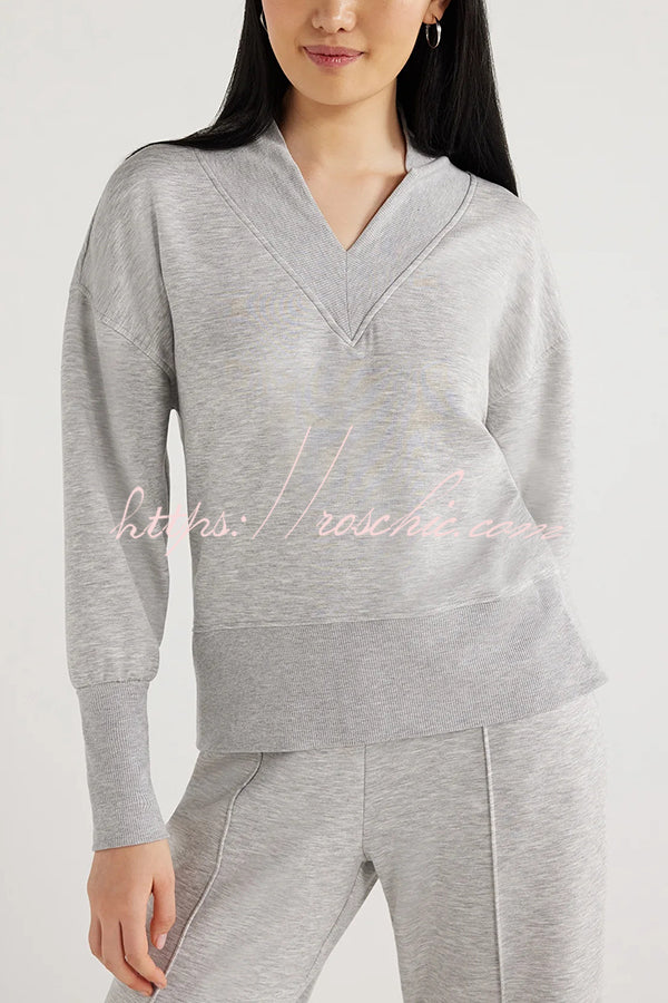 Weather Gets Cold Color V-neck Top and Elastic Waist Pocketed Lounge Pants Set