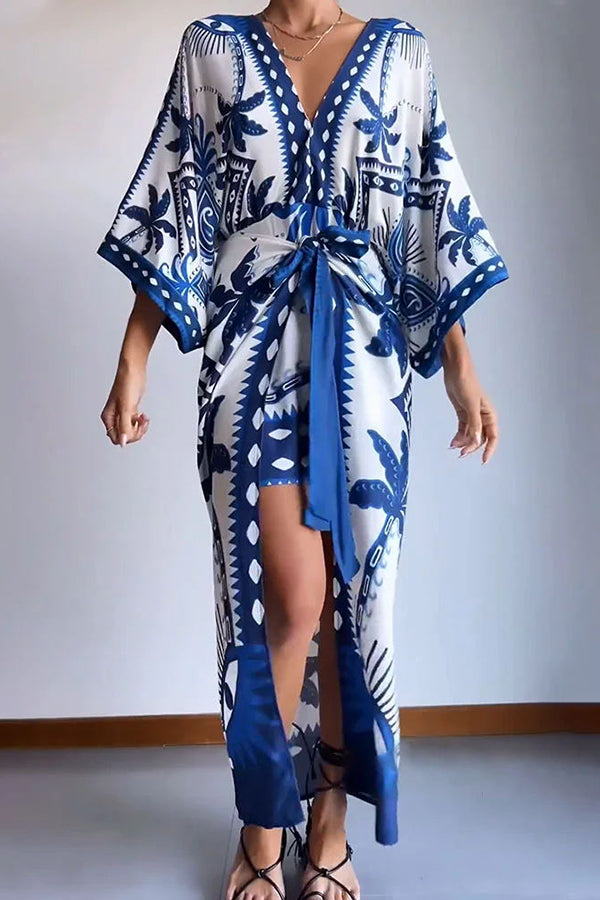 Palm Tree Print Fake Two Piece Lace Up Maxi Dress