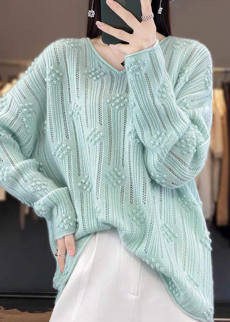 Rose V Neck Hollow Out Cotton Knit Sweaters Fall Qp016