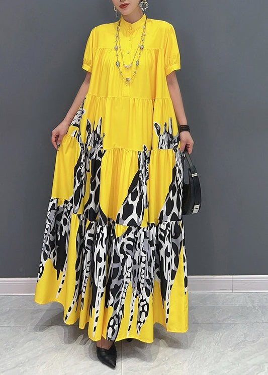 Modern Yellow Print Patchwork Long Dresses Summer Ao1051