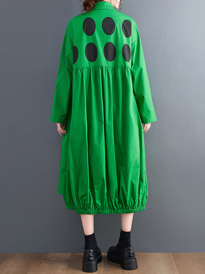 Stylish Long Sleeves A-line Polka Dot Polo Shirt Midi Dresses