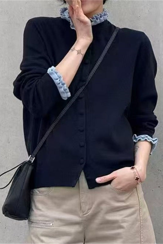 Ruffle Trim Contrast Cardigan