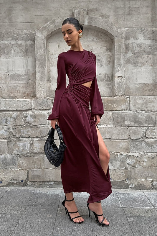 Round Neck Long Sleeve Cutout Maxi Dress
