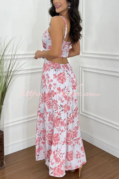 Charm Print Cutout Back Smocked Maxi Dress