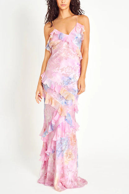 Multicolor Tie-dye Backless Wave-hem Strap Maxi Dress