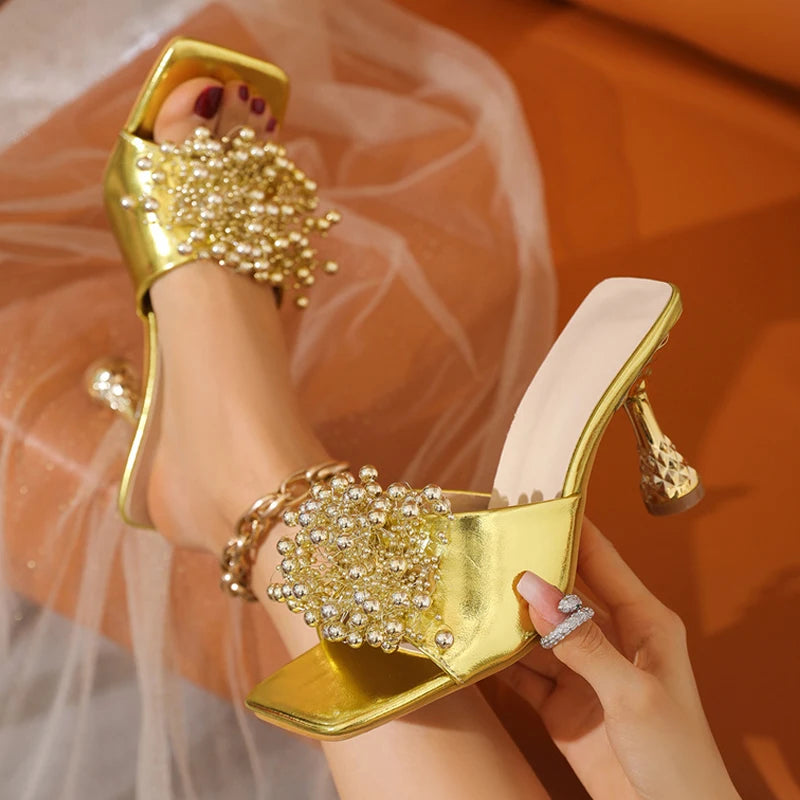Liyke Design Pearl Slippers Sandals Leather Square Toe Mules Heels Summer Beach Party Dress Shoes Size 36-42