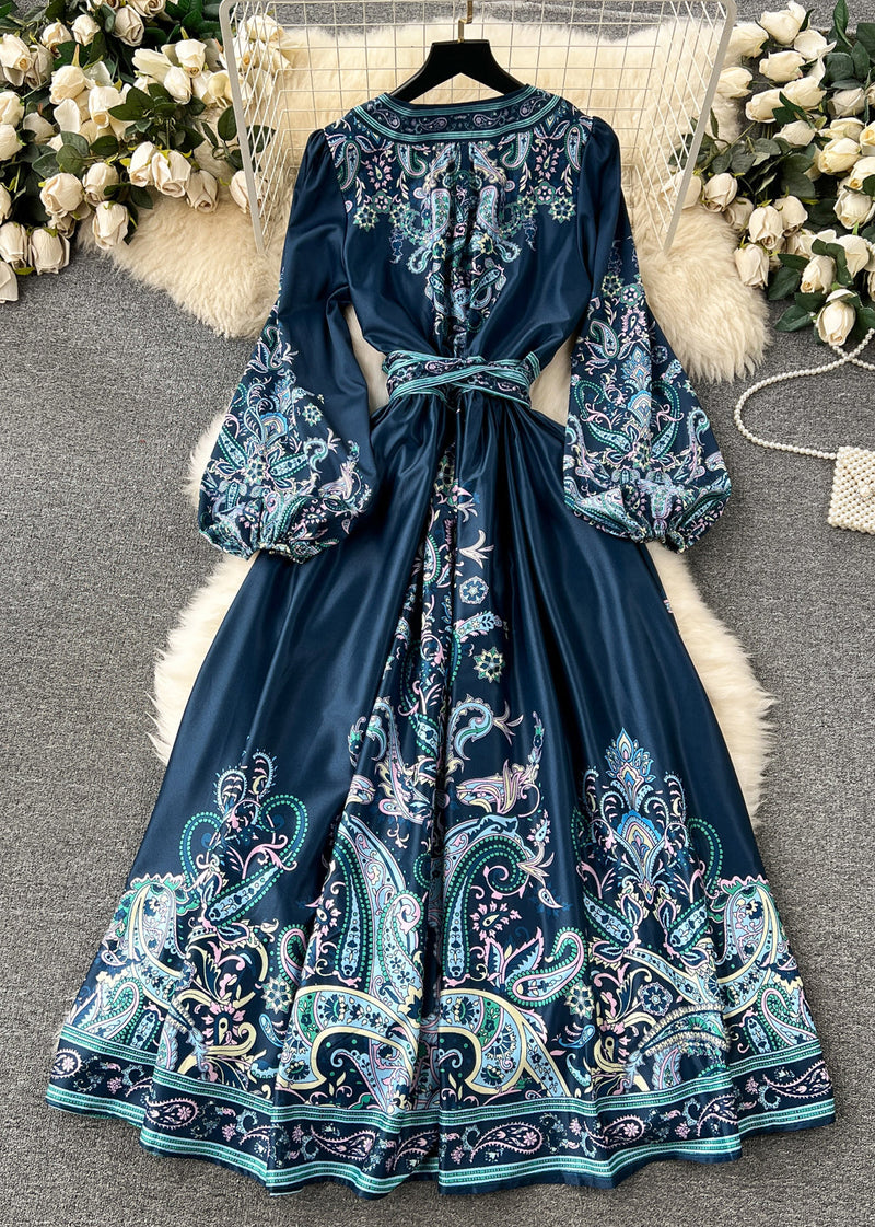 Retro Blackish Green Print Tie Waist Cotton Long Dress Fall