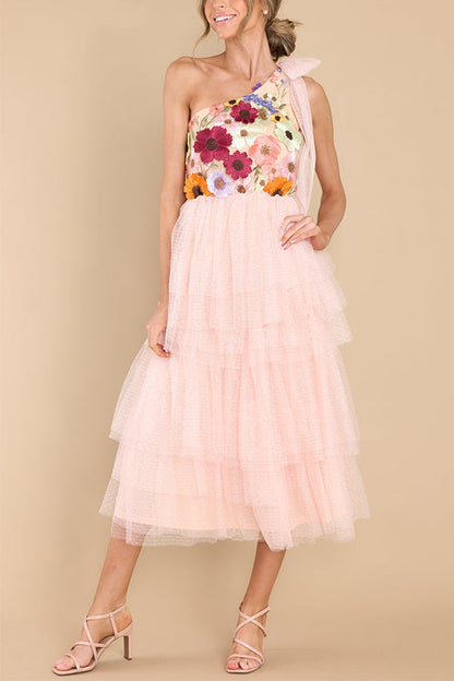 Midnight Garden Embroidered Applique One Shoulder Tiered Tulle Midi Dress