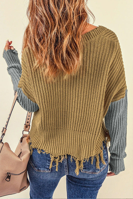 Tassel Hem Pullover V Neck Sweater
