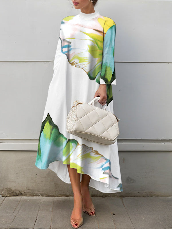 A-line High-low Asymmetric Flower Print Mock Neck Midi Dresses