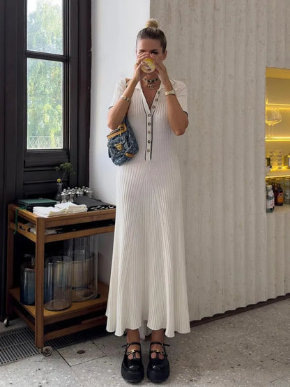 Deep V Neck Maxi Dresses for Autumn Slim Short Sleeve Vestido De Mujer Knitted Bodycon Dress Woman