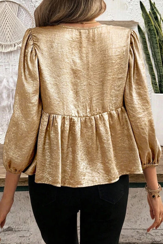 Gold Color Bowknot Front Puff Sleeve Blouse