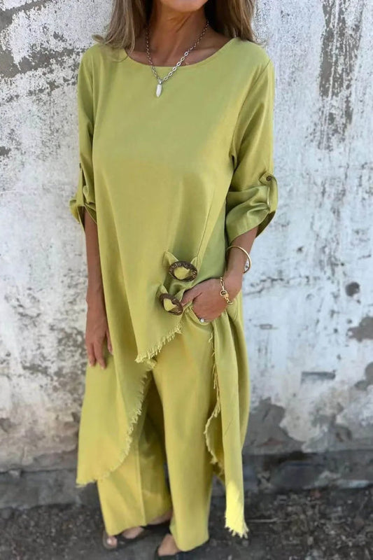 Unique Irregular Button Decoration Robe Pocket Elastic Pants Set