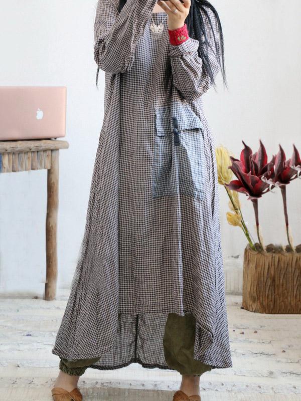 Loose Linen Plaid Round-neck Long Dress