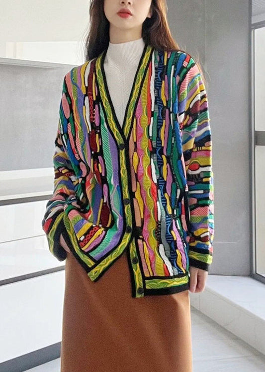 Rainbow V Neck Button Cotton Knit Cardigan Long Sleeve Ee044