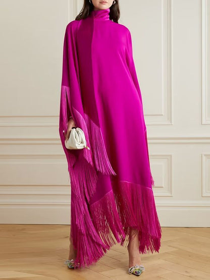 Batwing Sleeves Loose Color Split-joint Tasseled High Neck Evening Dresses Maxi Dresses