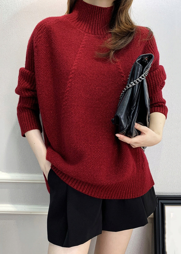 Red Turtleneck Cozy Cotton Knit Sweater Fall Qx033