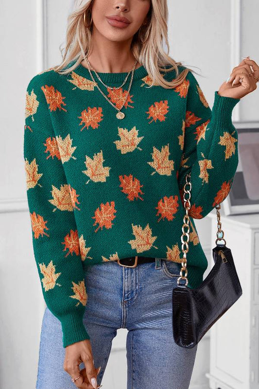 Maple Leaf Pattern Jacquard Pullover Sweater for