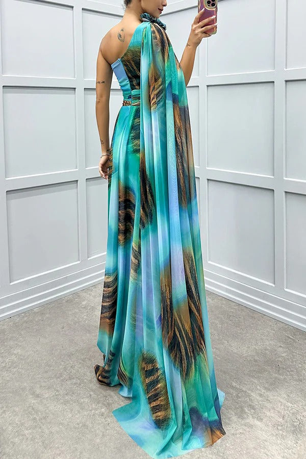 Lucia Unique Print Detail One Shoulder Draped Sleeve Gown Maxi Dress