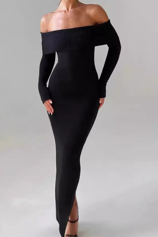 Off Shoulder Ribbed Sweater Dress
