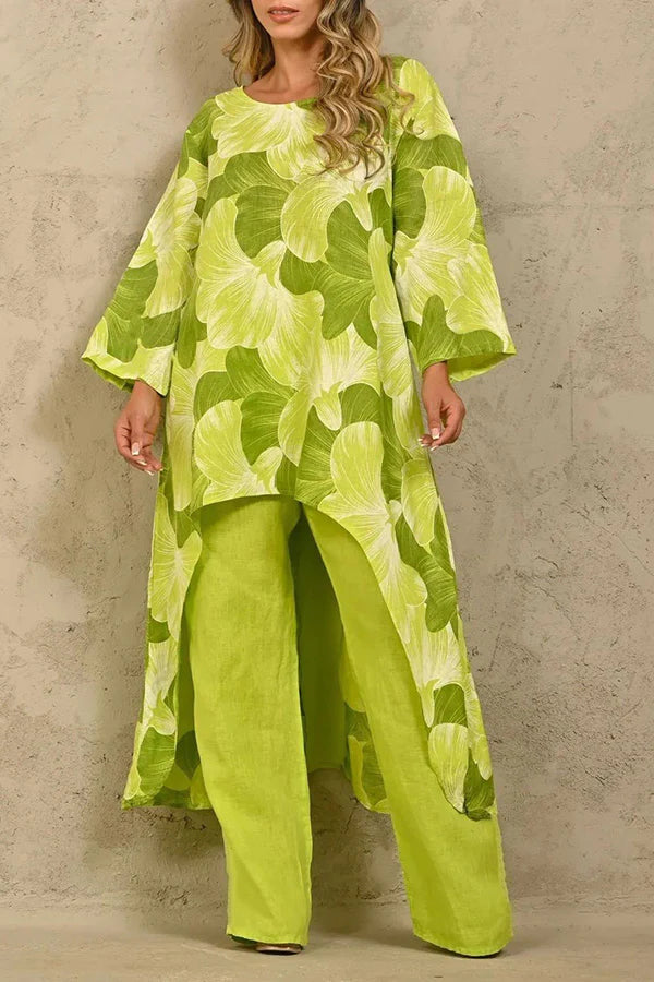 Exquisite Print Crew Neck Paneled Pant Suit