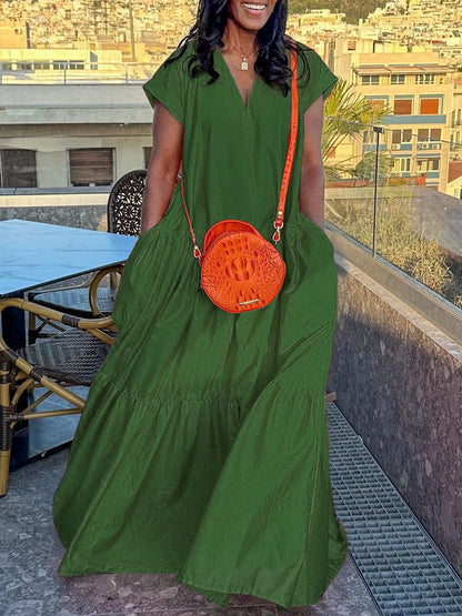 Loose Short Sleeves Pleated Pockets Color Split-joint V-neck Maxi Dresses