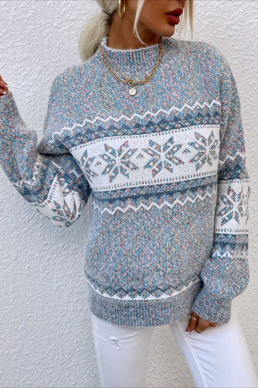 Knit Half-high Neck Snowflake Pullover Sweater