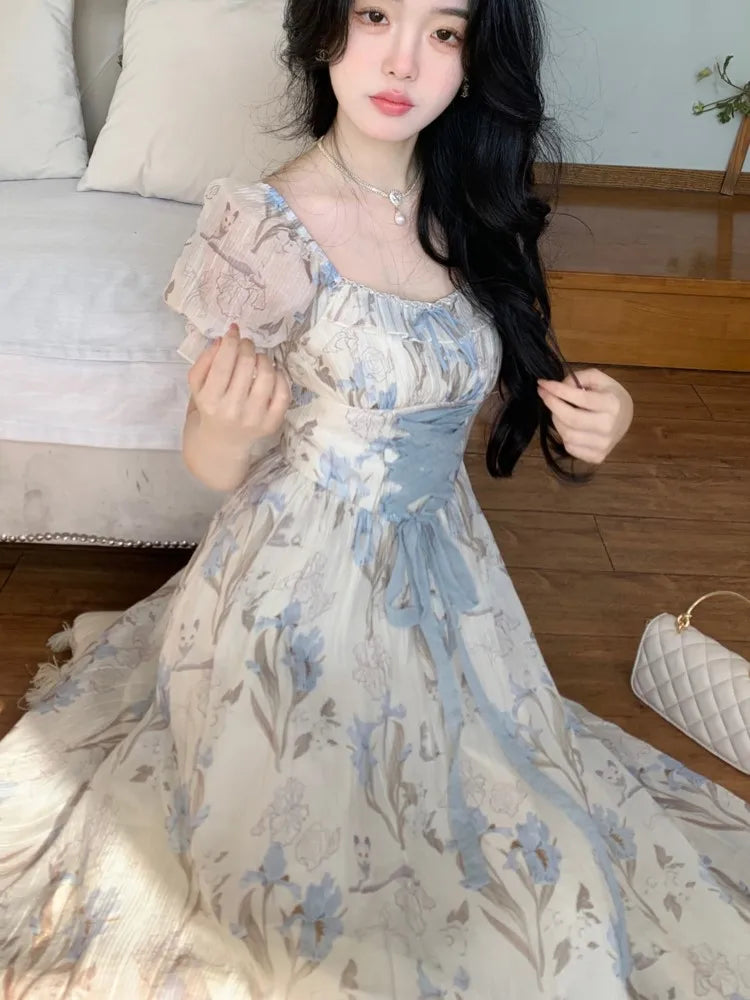 Y2k Midi Dress Kawaii Lolita Lace-up Square Collar High Waist Princess Evening Party Dresses Prom Robe Vestido New