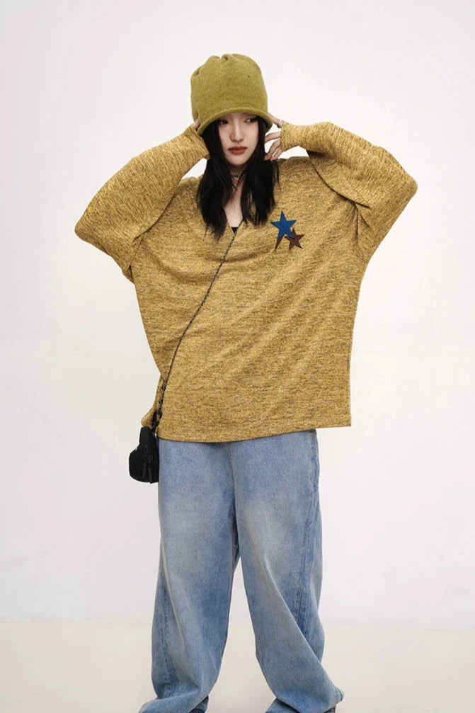 Mustard Yellow Knit Sweater With Star Patch