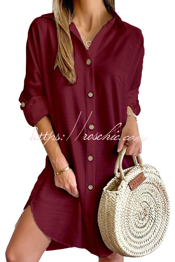 Color Button-down Shirt Style Mini Dress