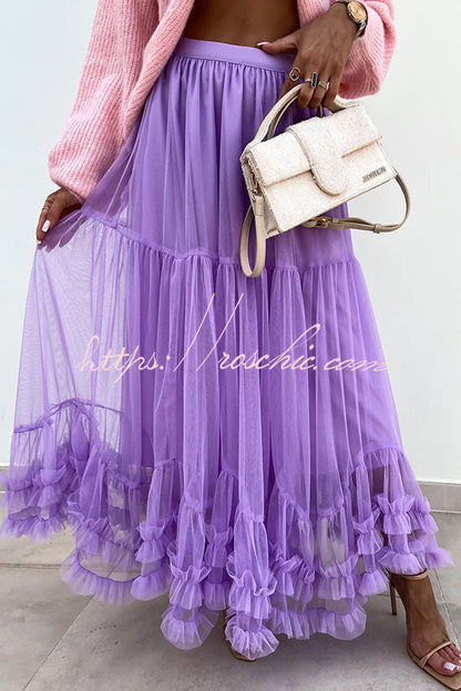 Tulle Stretch Waist Paneled Pleated Maxi Skirt