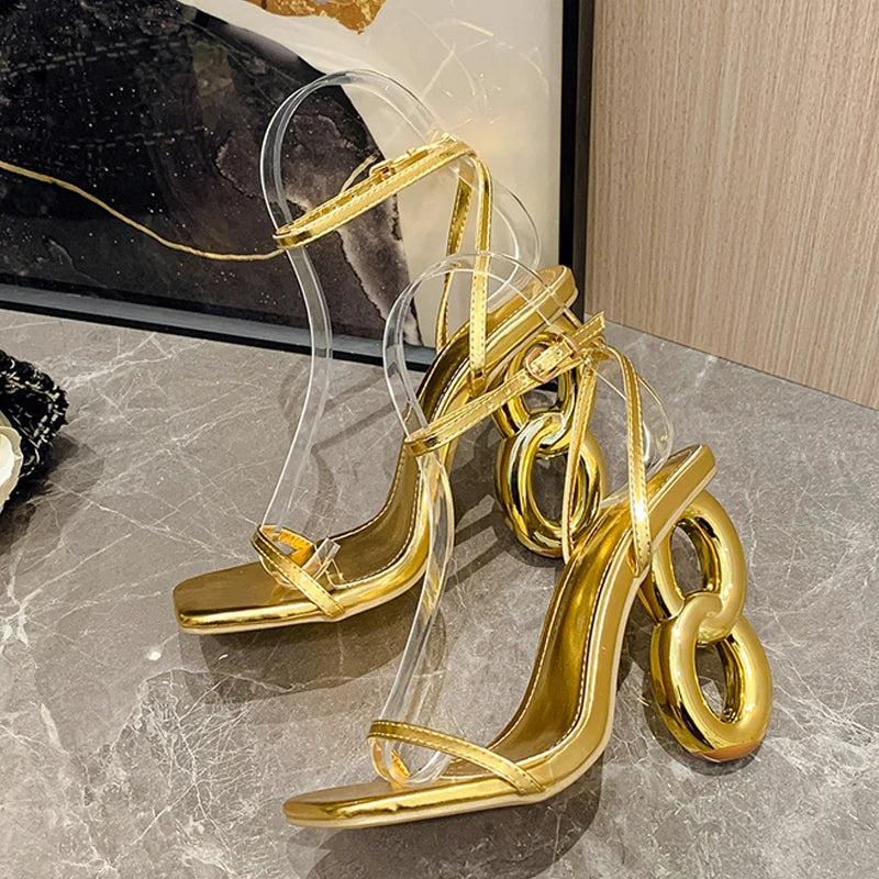 Liyke Metal Hollow Out Strange Heels Gladiator Sandals Golden Silver Square Toe Wedding Party Prom Shoes