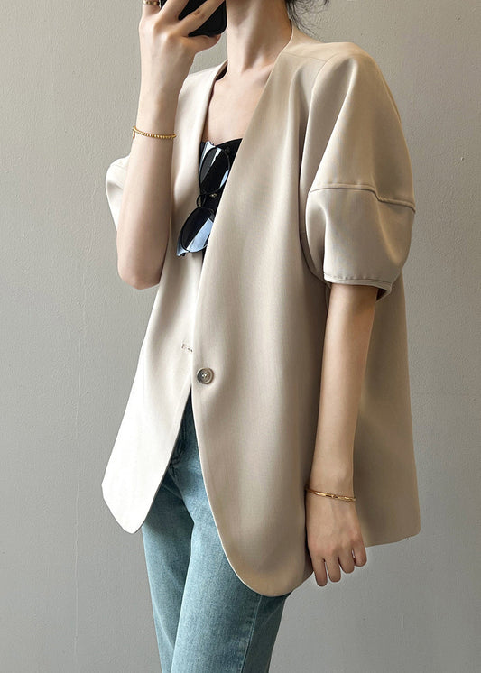 French Apricot V Neck Puff Sleeve Button Coat Qc006