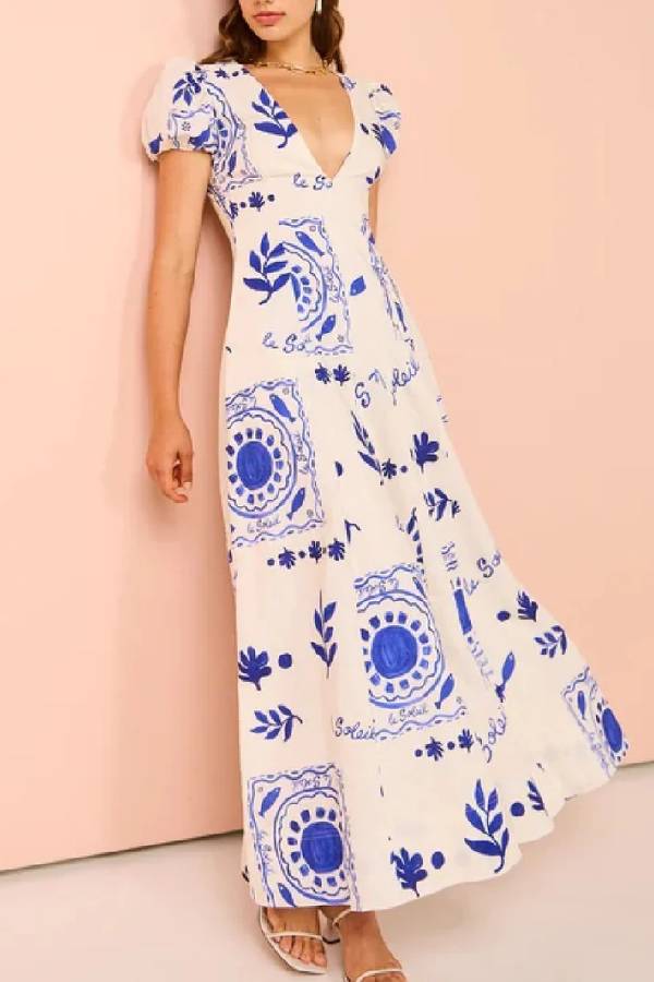 Embrace the Glamour Linen Blend Unique Print Puff Sleeve Pocketed Maxi Dress