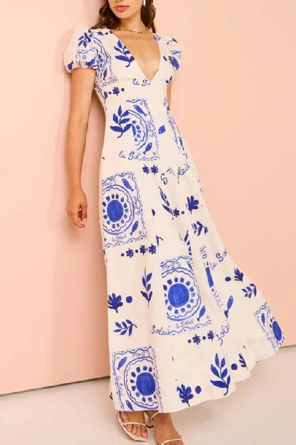 Embrace the Glamour Linen Blend Unique Print Puff Sleeve Pocketed Maxi Dress