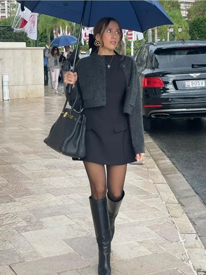 Patchwork Long Sleeve Mini Dress for High Waist Patchwork Female Slim Dress