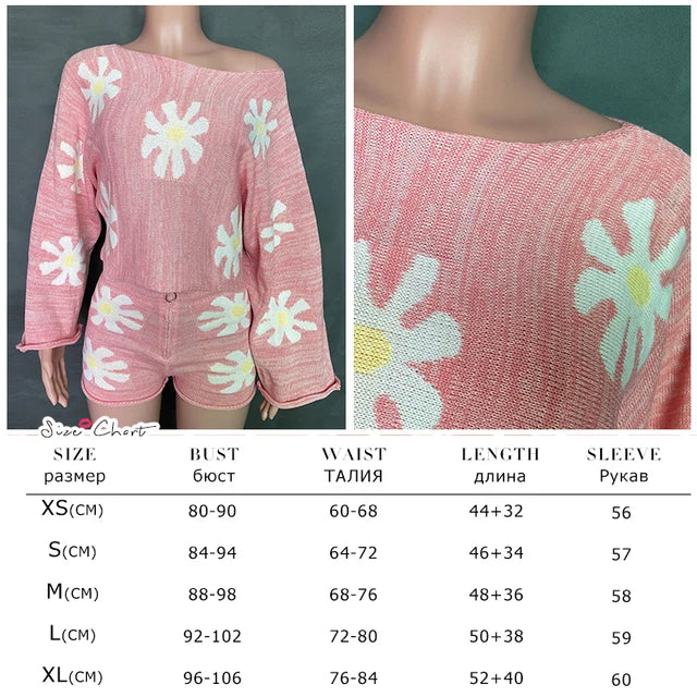 Knitted ’s 2 Piece Sets Outfits Pink Sweet Oversized Sweater Suit With Shorts for Tracksuit