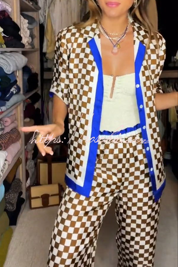 Olivia Satin Checkerboard Colorblock Print Shirt and Elastic Waist Pocketed Loose Pants Set