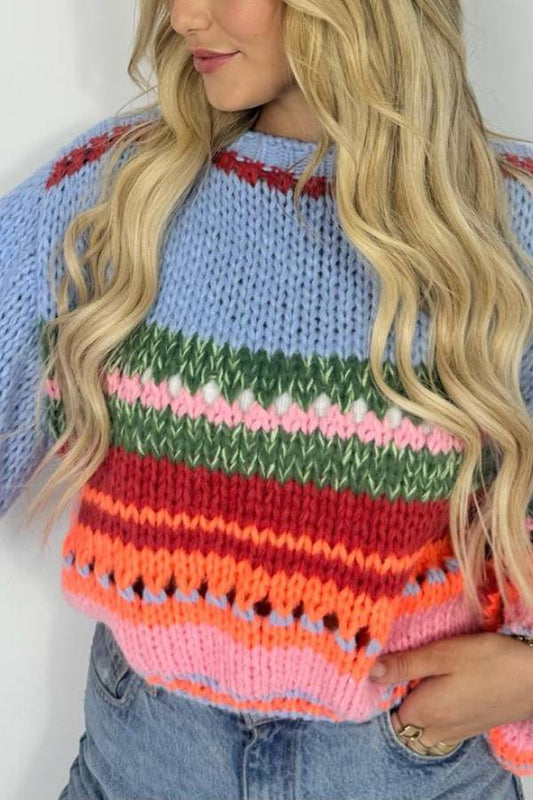 Rainbow Mood Multicolor Round Neck Hollow Long Sleeve Knitted Sweater