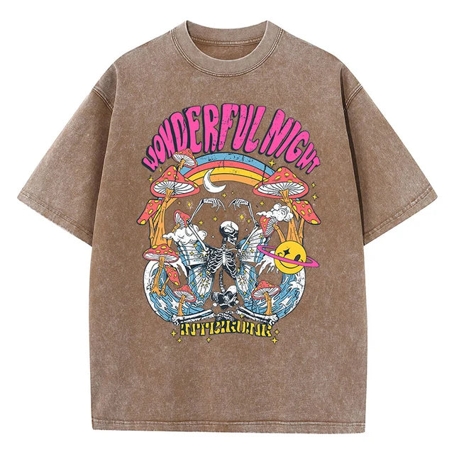 Wonderful Night Skeleton Butterfly Wave Print T-shirts Oversized Tops Street Comfortable Clothing Loose Wash Tee