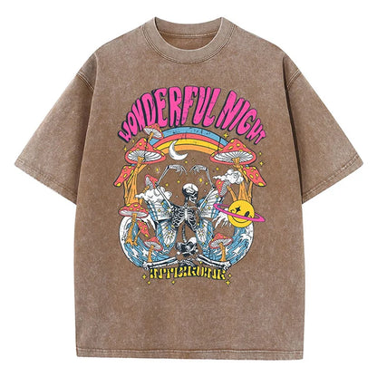Wonderful Night Skeleton Butterfly Wave Print T-shirts Oversized Tops Street Comfortable Clothing Loose Wash Tee