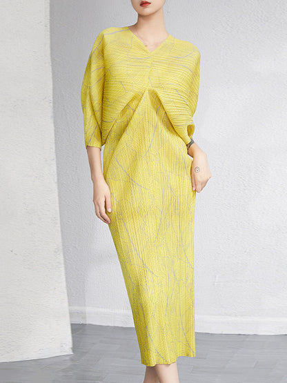 Urban Loose Batwing Sleeves Printed Pleated V-neck Midi Dresses