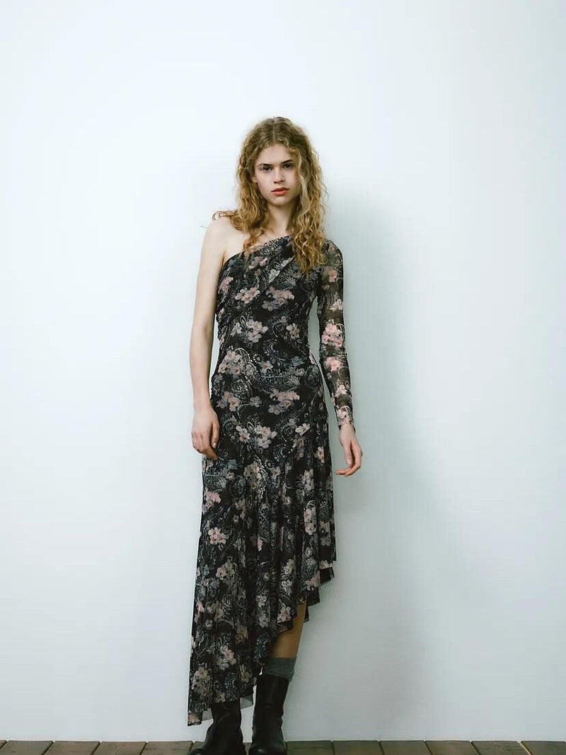 Print One Shoulder Asymmetric Midi Dress