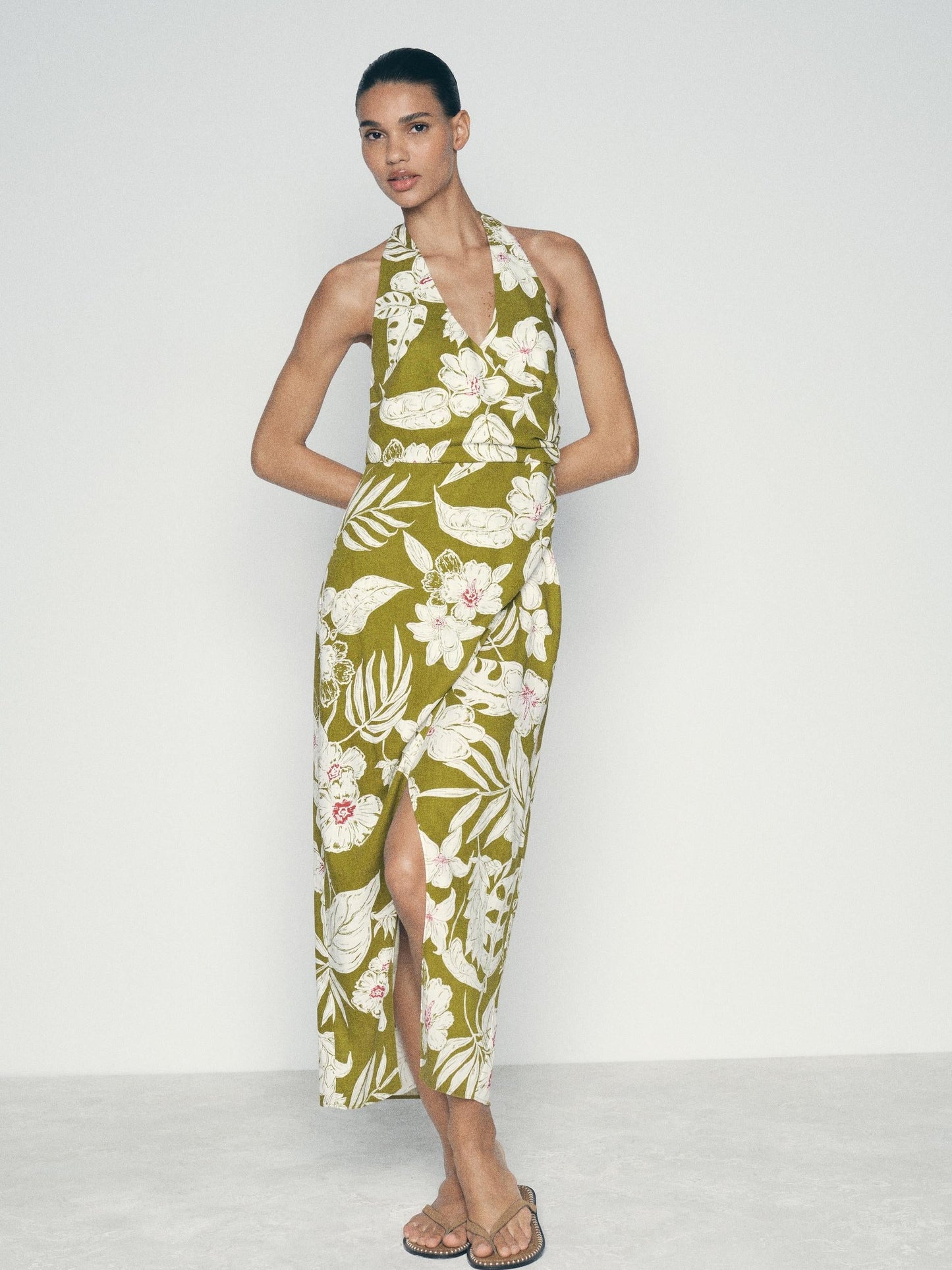 Print Halterneck Backless Slit Maxi Dress