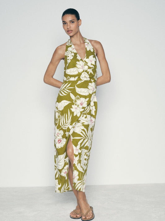 Print Halterneck Backless Slit Maxi Dress