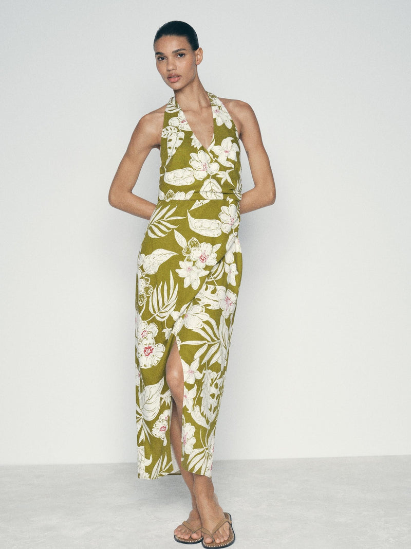 Print Halterneck Backless Slit Maxi Dress