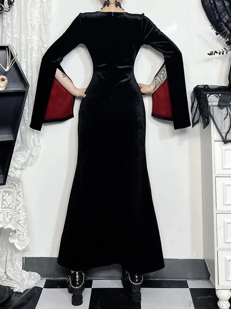 Flare Sleeve Cross Embroidery Maxi Dress